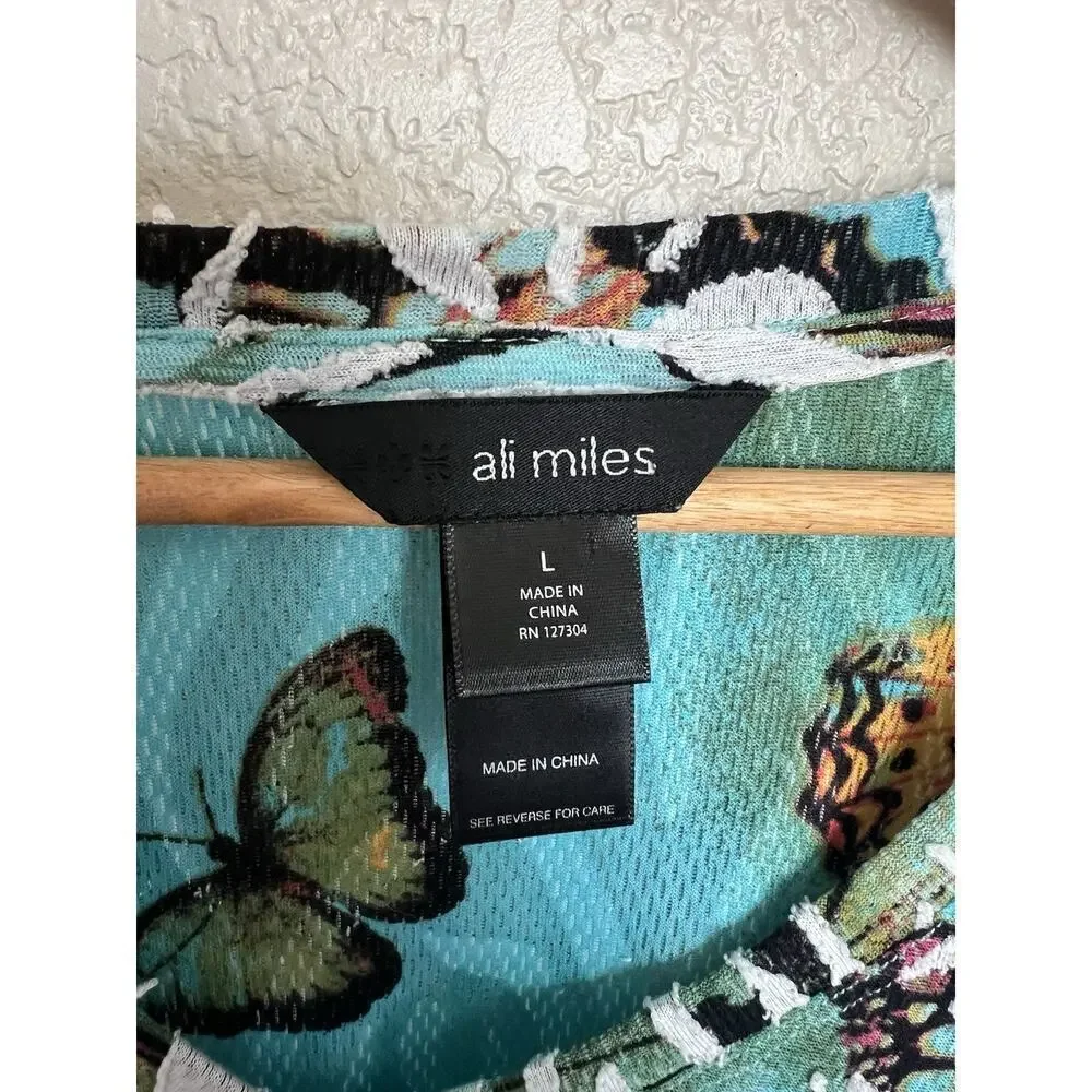 Ali Miles Abstract Butterfly Knit Top Large Swirls 3/4 Flare Sleeves